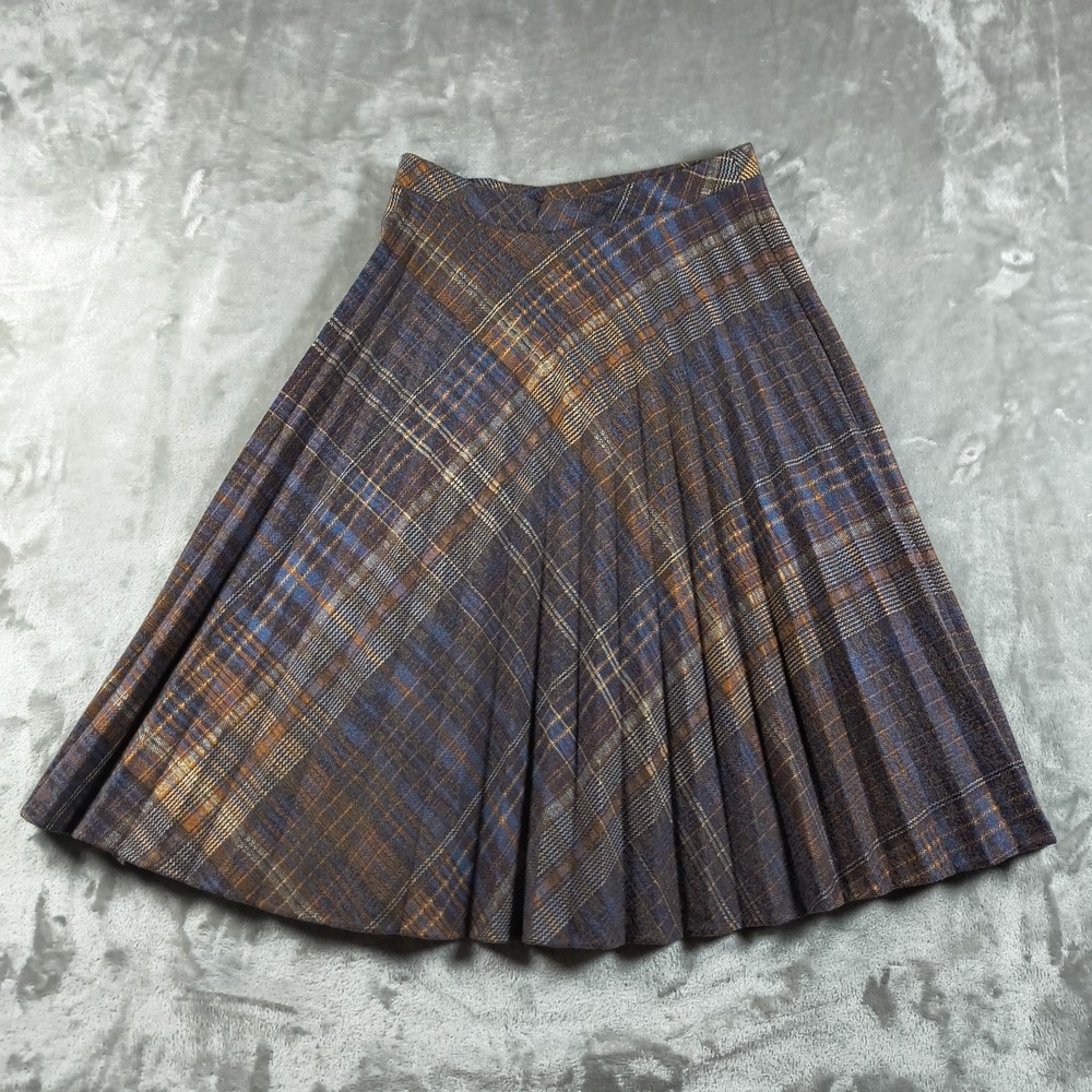 Vintage Sears Skirt Womens 8P Blue Brown Plaid Pleated Midi Preppy Academia 60s